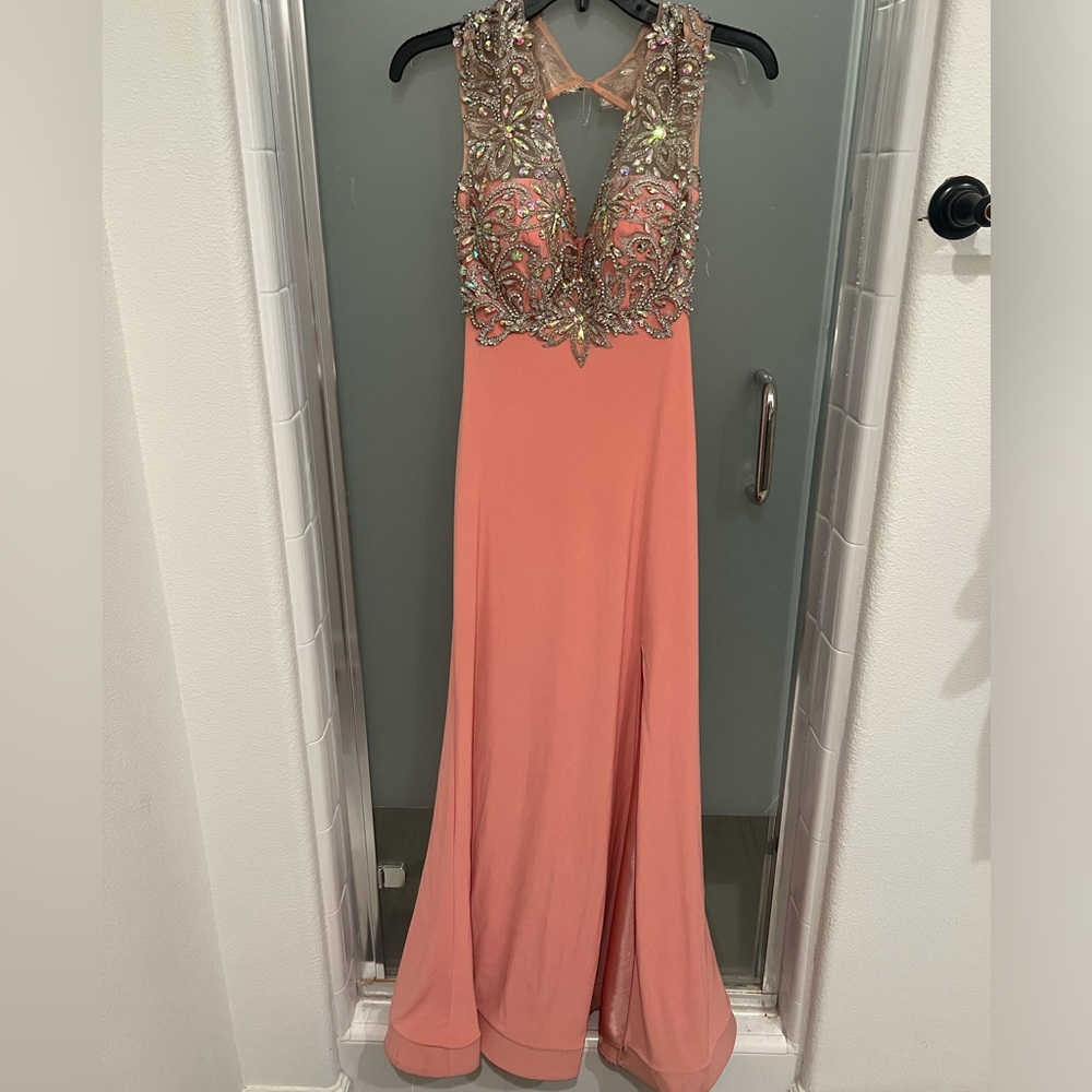 Nina Canaci Coral Jewel Embellished Slit front Maxi Gown